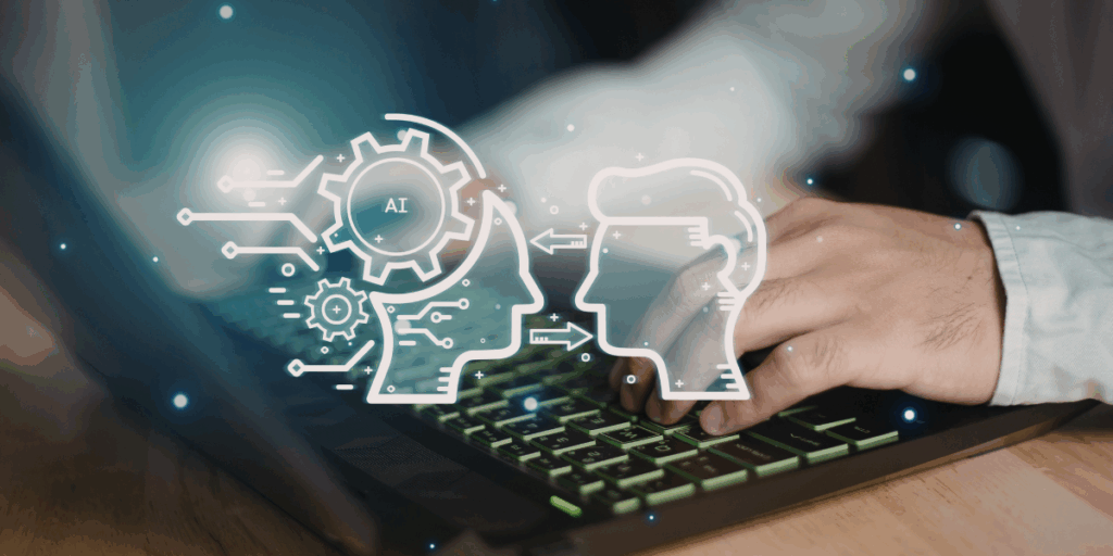 Visual representation of data transfer between human and AI, highlighting the dangers of inputting confidential business data into tools like ChatGPT.