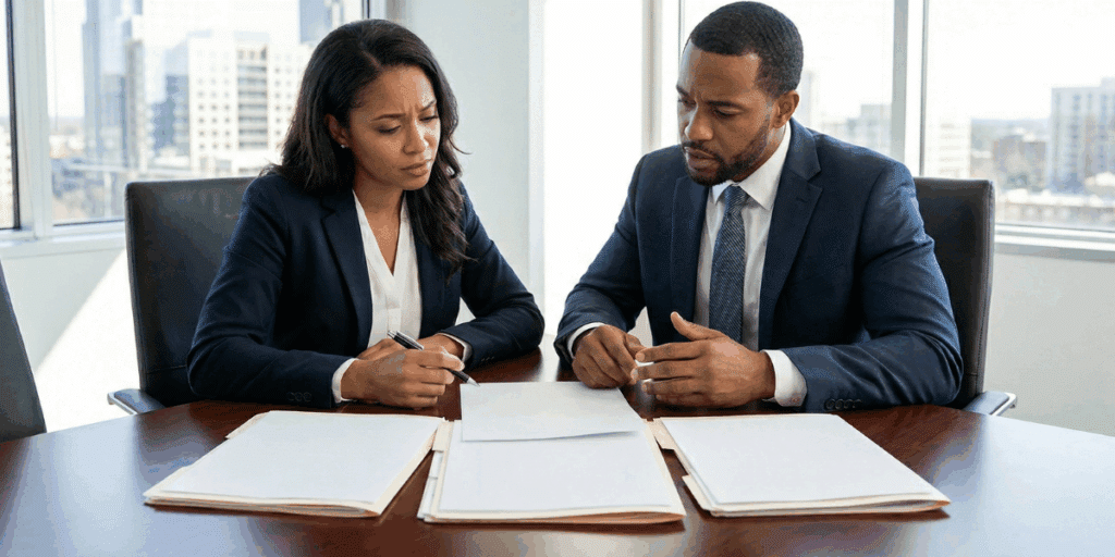 Two professionals in a modern office reviewing legal documents, representing the complex process of dividing a business, LLC valuation, and equitable distribution in a Charlotte, NC divorce.