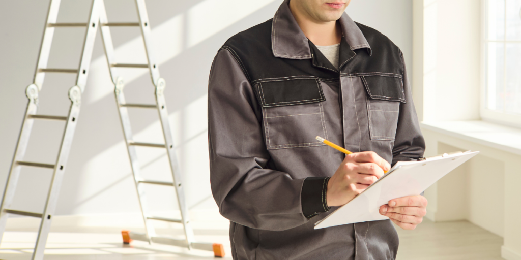 Home inspector in a gray work jacket writing notes on a clipboard inside an empty, sunlit room with a stepladder behind him.